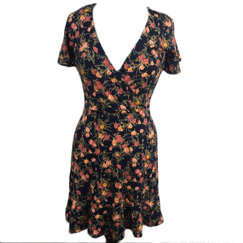 LOFT Short Sleeve Dress Navy, Warm Floral, Size 4